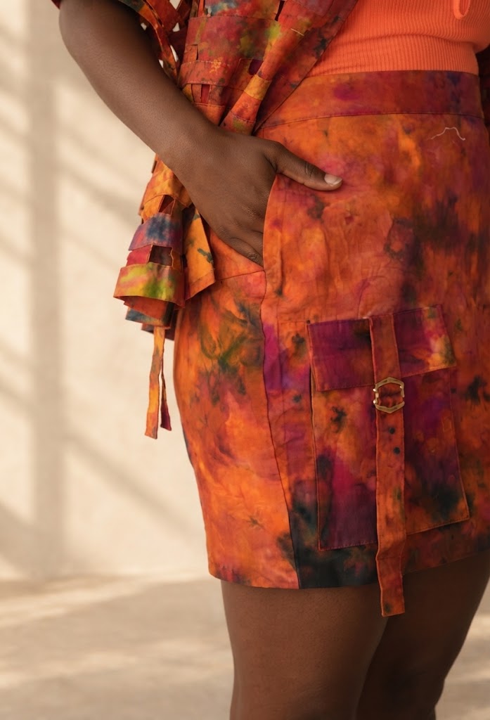 Hand printed tie dye mini skirt with front pocket detail