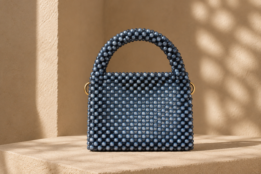 Blue tassle beading handbag with blue pearl detail