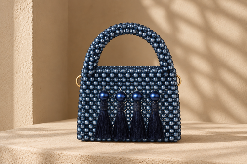 Blue tassle beading handbag with blue pearl detail