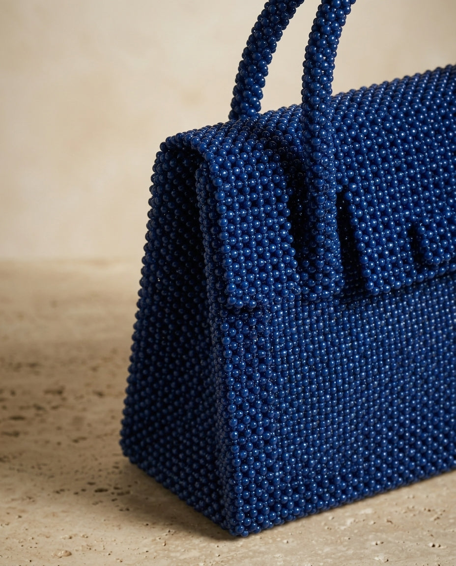 Blue beaded flap handbag