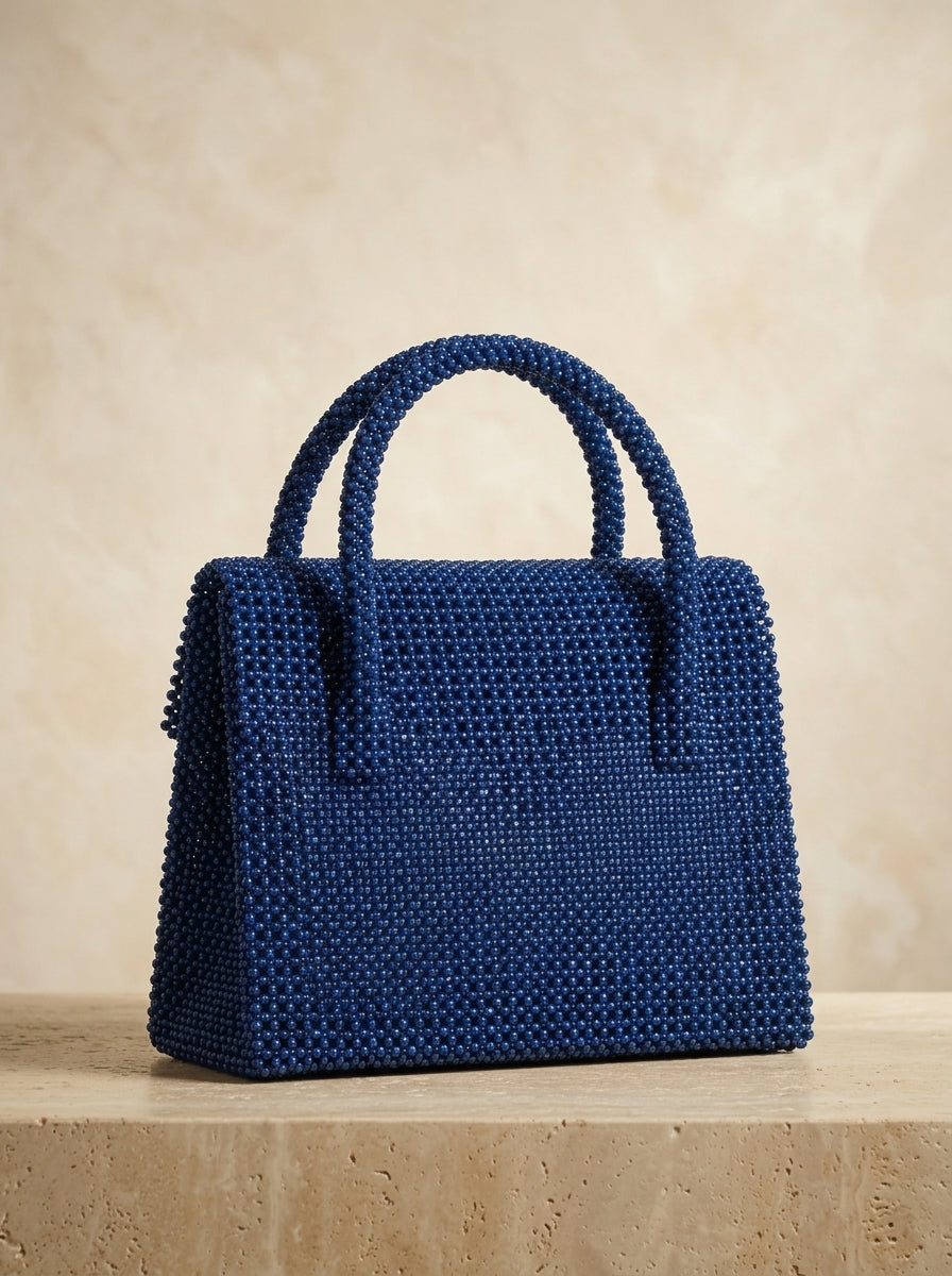 Blue beaded flap handbag