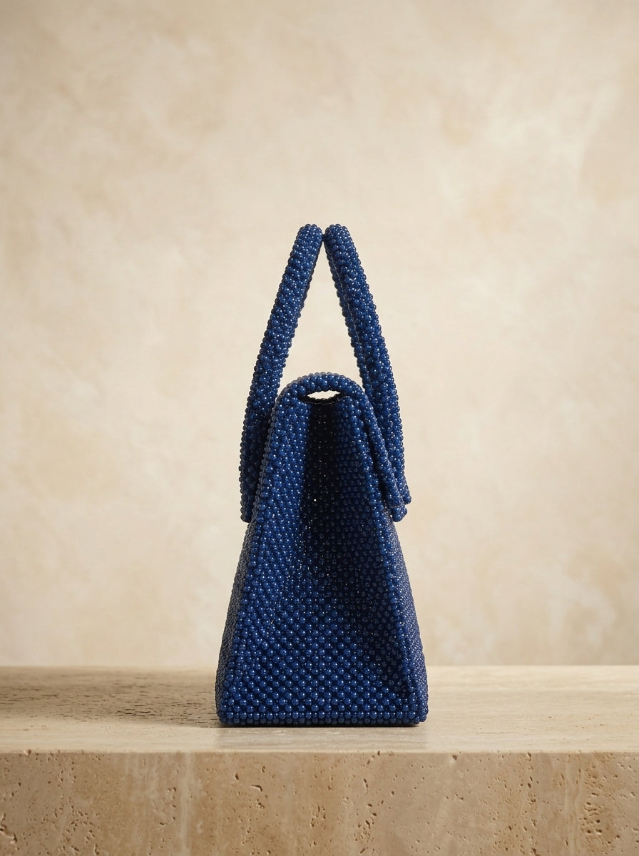 Blue beaded flap handbag