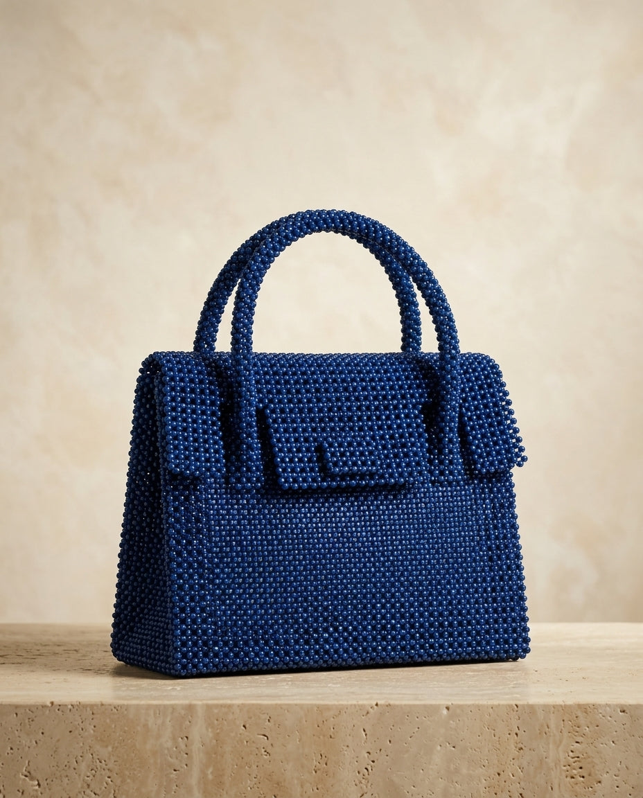 Blue beaded flap handbag
